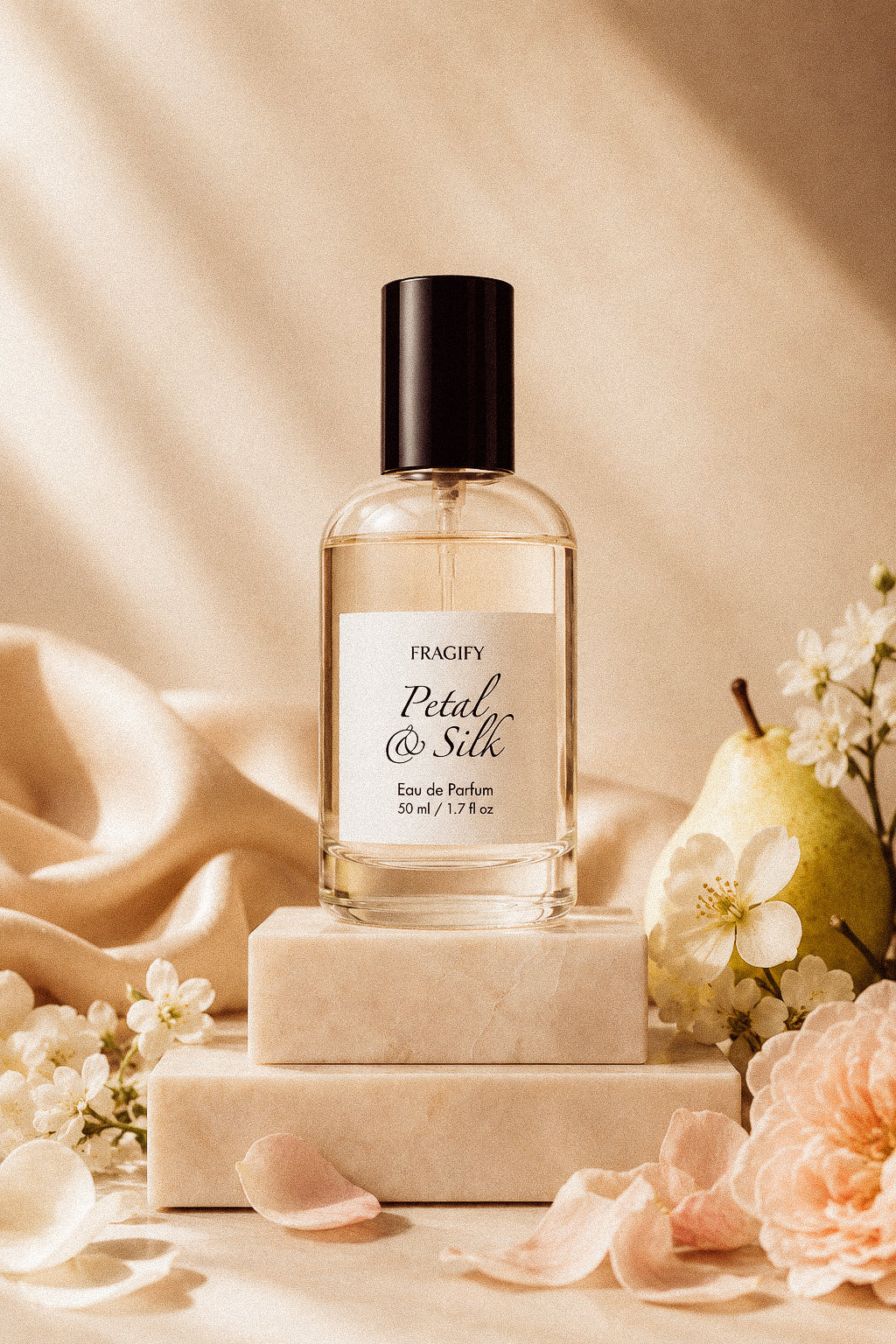 Petal & Silk with white flowers and pear on stone