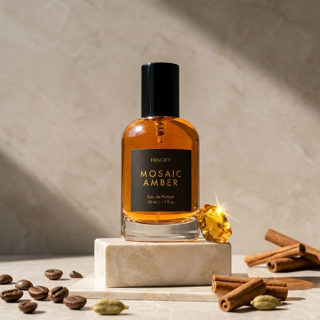 Hand reaching for Mosaic Amber on travertine surface